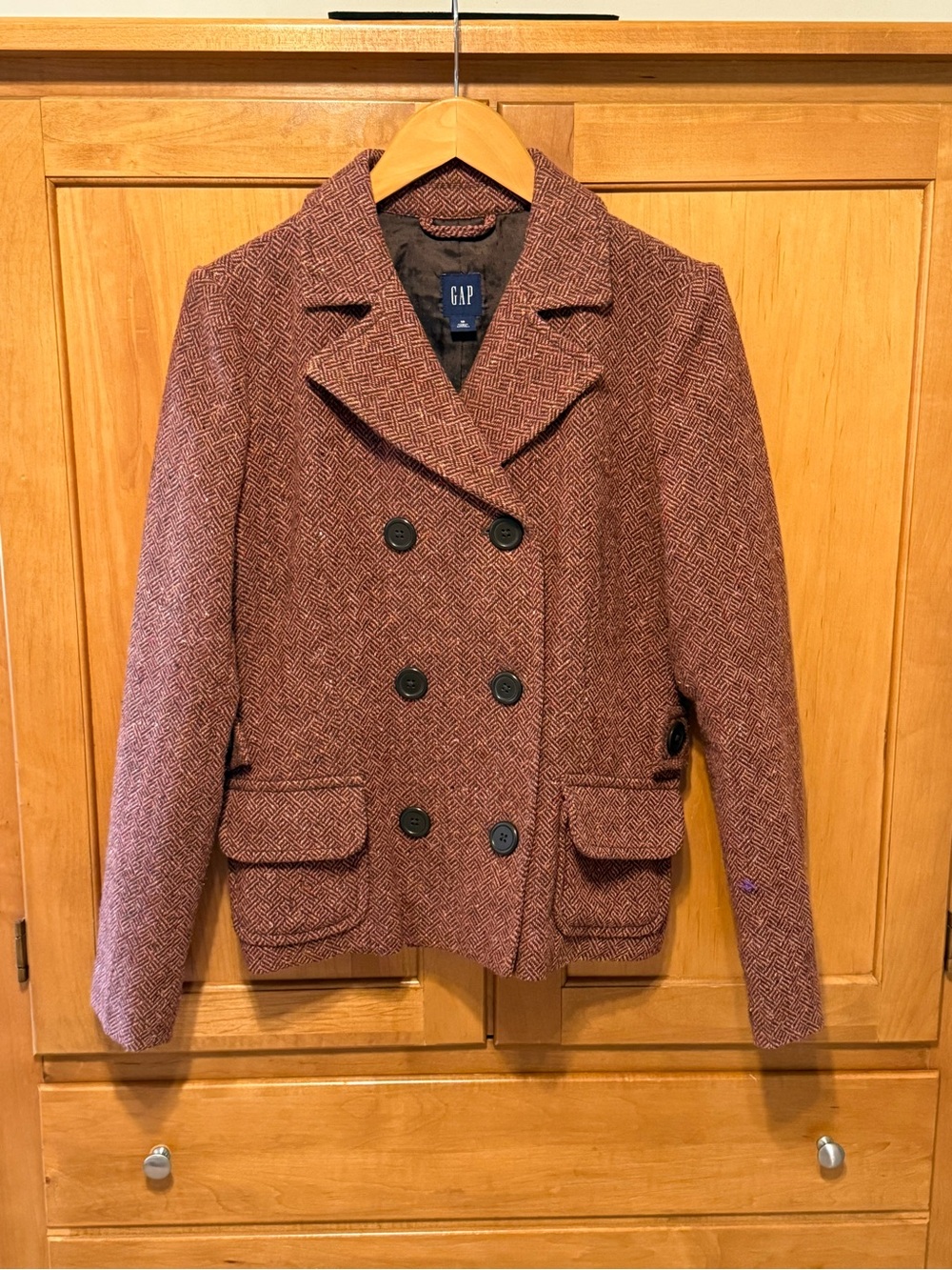 GAP Women's Double-Breasted Peacoat in Brick Red Herringbone